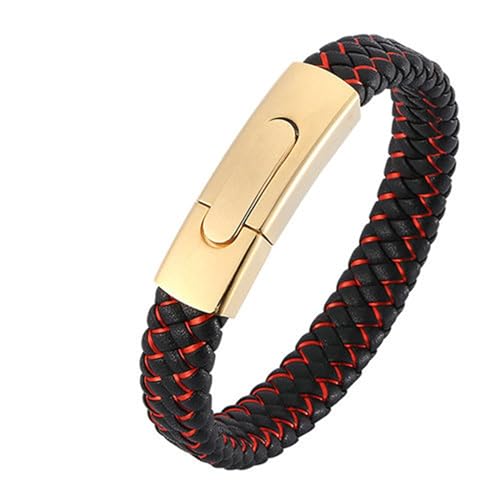 Bishilin Lederarmband mit Druckknopfverschluss, Männer Armbänder Leder Schwarz 12MM Geflochten mit Rot Streifen Charms Armband Personalisiert 16.5CM von Bishilin