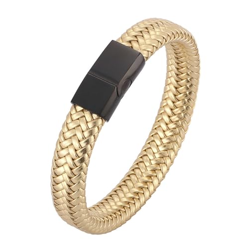 Bishilin Lederarmband mit Magnetverschluss, Männer Armbänder Leder Gold Schwarz 12MM Geflochten Charms Armband Personalisiert 20.5CM von Bishilin