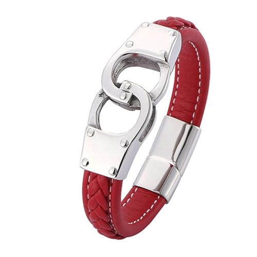 Bishilin Lederarmband mit Magnetverschluss, Männer Armbänder Leder Rot 12MM mit Handschellen Charms Armband Personalisiert 20.5CM von Bishilin