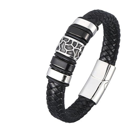 Bishilin Lederarmband mit Magnetverschluss, Männer Armbänder Leder Schwarz 12MM mit Geometrie Charms Armband Personalisiert 18.5CM von Bishilin