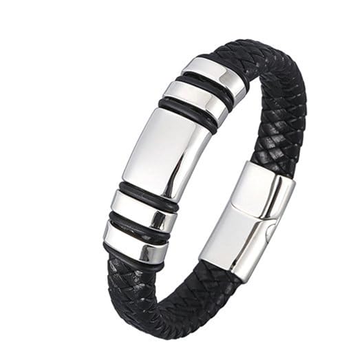 Bishilin Lederarmband mit Magnetverschluss, Männer Armbänder Leder Schwarz 12MM mit Glänzend Geometrie Charms Armband Personalisiert 18.5CM von Bishilin