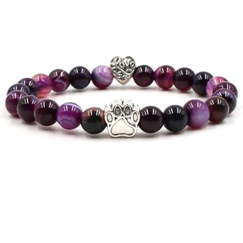 Bishilin Männer Armbänder Charms 19-20CM, Perlenarmband Herren 8MM Violett Achat Steine mit Pfote Herz Chakra Armbänder Personalisiert von Bishilin