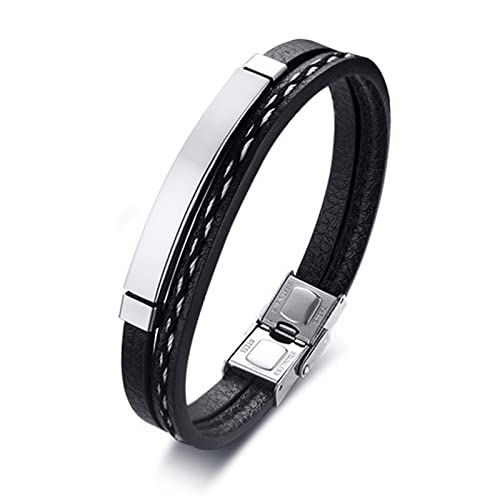 Bishilin Männer Armband mit Gravur Edelstahl, Lederarmbänder Schild Partnerarmband Leder Armband Herren 21CM Silber Gold Schwarz Charms von Bishilin