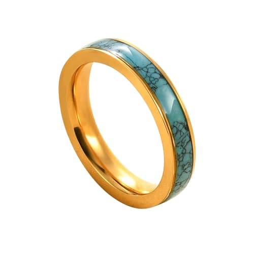 Bishilin Männer Ringe Edelstahl Gold, Herren Ring Personalisiert 4MM mit Türkis Bandring Freundschaftsring Hochzeit Ringe Nickelfrei Gr.52 (16.6) von Bishilin