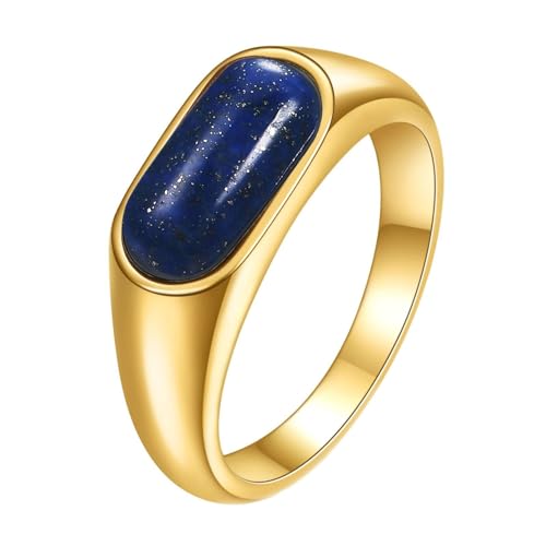 Bishilin Männer Ringe Edelstahl Gold, Herren Ring Personalisiert mit Blau Naturstein Siegelring Freundschaftsring Hochzeit Ringe Nickelfrei Größe 62 (19.7) von Bishilin