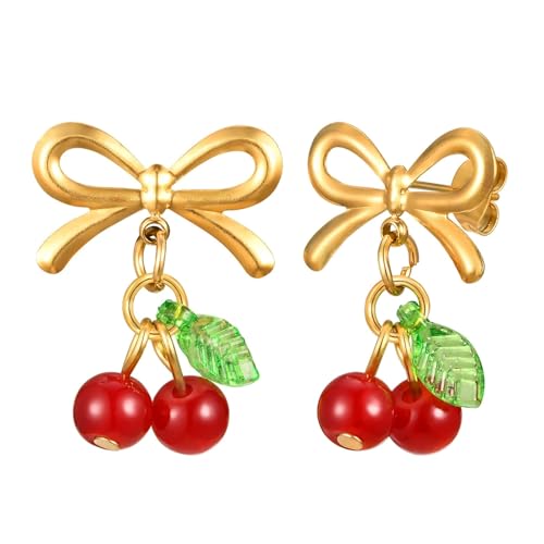 Bishilin Ohrhänger Edelstahl Vergoldet Mädchen Gold, Damen Ohrringe Hängend Knoten mit Kirsche Ohrhänger für Mädchen in Bijouterie von Bishilin