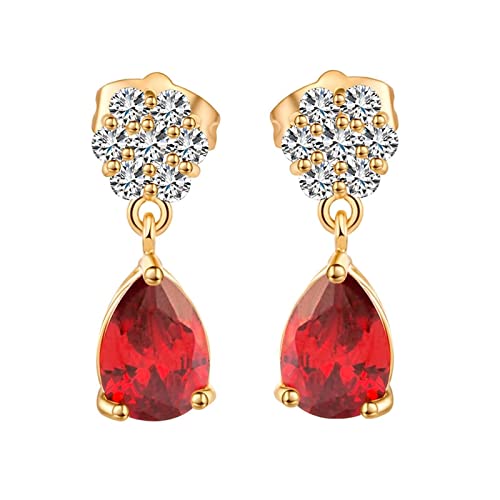 Bishilin Ohrhänger Vergoldet Damen, Ohrringe Hängend Blume mit Rot Tropfen Zirkonia Gold Ohrringe Jugendstil Modeschmuck von Bishilin