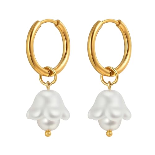 Bishilin Ohrringe Damen Edelstahl Vergoldet, Ohrringe Creolen Hängend Blütenblatt mit Perle Ohrringe Gold Jugendstil für Mädchen von Bishilin