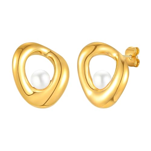 Bishilin Ohrringe Damen Edelstahl Vergoldet, Ohrstecker Geometrie mit Perle Gold Ohrringe Hypoallergen für Mädchen von Bishilin