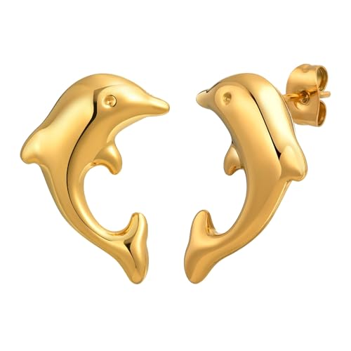 Bishilin Ohrringe Edelstahl Gold, Vergoldet Damen Ohrstecker Delfin Ohrringe Nickelfrei für Mädchen von Bishilin