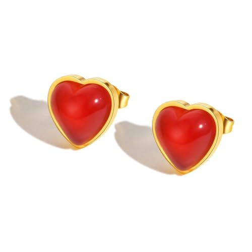 Bishilin Ohrringe Edelstahl Vergoldet Damen, Ohrstecker Gold Rot Herz Ohrringe Allergiefrei für Mädchen von Bishilin