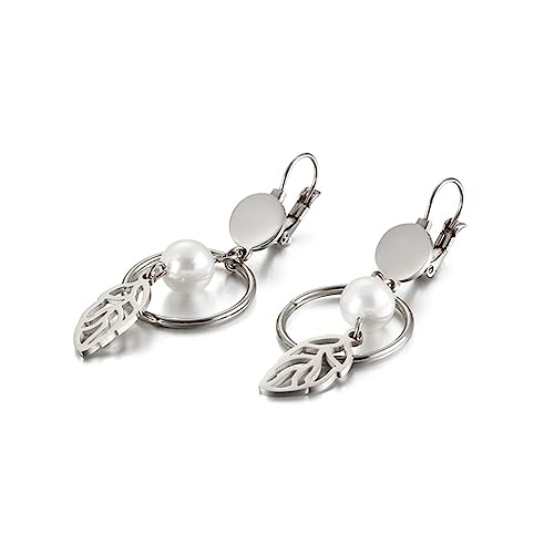 Bishilin Ohrringe Hängend Damen Edelstahl, Ohrhänger Hoop mit Blatt und Perlen Ohrringe Nickelfrei Modeschmuck Silber von Bishilin