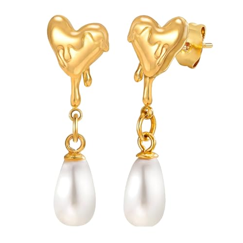 Bishilin Ohrringe Hängend Edelstahl Vergoldet, Damen Ohrhänger Herz mit Perle Gold Ohrringe Nickelfrei für Mädchen von Bishilin