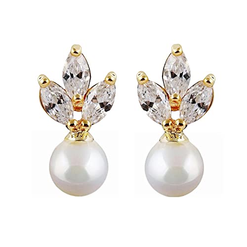 Bishilin Ohrringe Mädchen Vergoldet, Ohrstecker Blatt mit Weiß Zirkonia und Perle Ohrringe Nickelfrei für Mädchen Gold von Bishilin