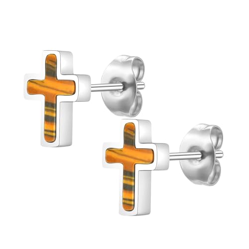Bishilin Ohrstecker Edelstahl, Ohrringe Herren Kreuz mit Tigerauge Silber Ohrstecker Nickelfrei für Männer von Bishilin