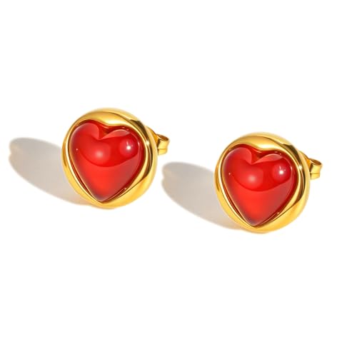 Bishilin Ohrstecker Edelstahl Vergoldet, Ohrringe Damen Rot Herz Gold Ohrstecker Nickelfrei für Mädchen von Bishilin