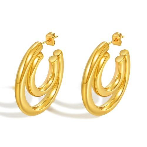 Bishilin Ohrstecker Edelstahl Vergoldet Nickelfrei, Damen Ohrringe C Form Doppelt Ohrstecker Nordisch für Mädchen Gold von Bishilin