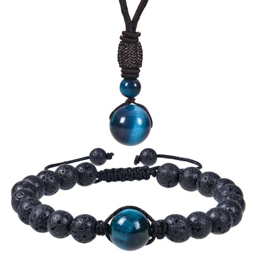 Bishilin Paar Armbänder und Ketten Set Verstellbar, Personalisiertes Armband Halskette Männer Frauen 8MM Schwarz Lavagestein mit Azur Tigerauge Perlen Armbänder Chakra Kette Charms von Bishilin