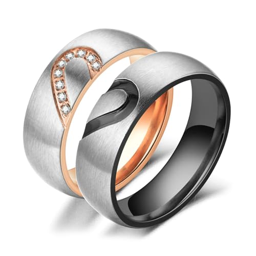Bishilin Pärchen Ringe mit Gravur, Hochzeitsringe Paar Edelstahl 6MM Puzzle Herz mit Zirkonia Verlobungsringe Eheringe Nickelfrei Damen Gr.65 (20.7) & Herren Gr.65 (20.7) von Bishilin