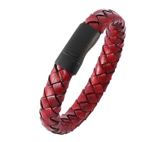 Bishilin Partner Armbänder mit Magnet, Lederarmband Herren 12MM Geflochten Charm Armbänder 20.5CM Rot Personalisiert von Bishilin