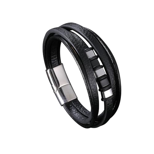 Bishilin Partner Armbänder mit Magnet, Lederarmband Herren mit Gravur Mehrschichtig mit Geometrie Charms Armbänder 18.5CM Schwarz Personalisiert von Bishilin