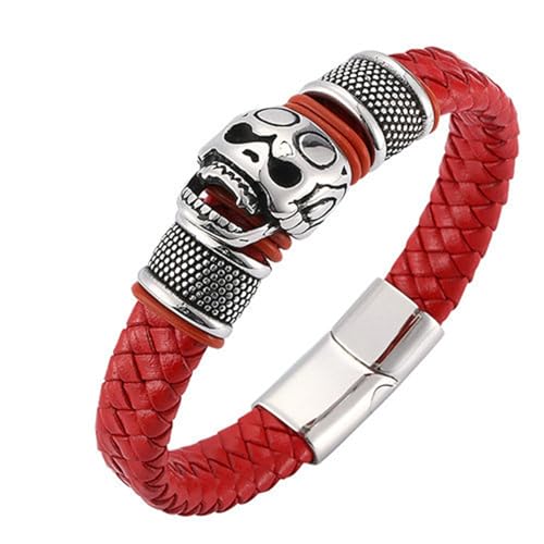 Bishilin Partner Armbänder mit Magnet, Lederarmband Männer Rot 18.5CM Totenkopf Charms Armbänder für Herren Personalisiert 12MM von Bishilin