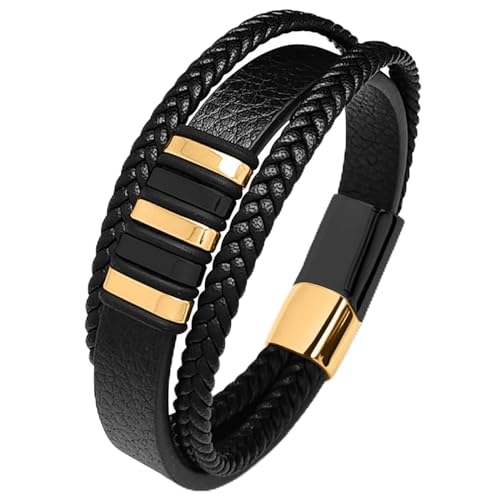 Bishilin Partner Armbänder mit Magnet, Lederarmband Männer Schwarz 16.5CM 3-Layer mit Geometrie Charms Armbänder für Herren Personalisiert 12MM von Bishilin