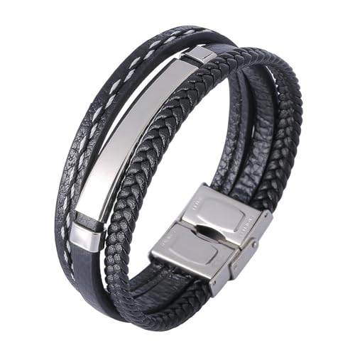 Bishilin Partner Armbänder mit Verschluss, Lederarmband Männer Schwarz 16.5CM 3-Layer Geflochten mit Schild Charms Armbänder für Herren Personalisiert 18MM von Bishilin