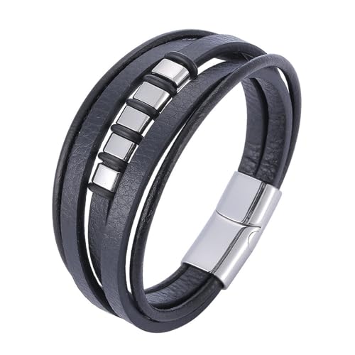 Bishilin Partner Lederarmband Personalisiert, Männer Armbänder Leder 12MM Mehrschichtig mit Geometrie Charm Armband 20.5CM Schwarz von Bishilin