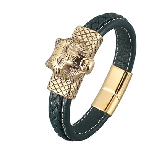 Bishilin Partner Lederarmband Personalisiert, Männer Armbänder Leder 12MM Wolf Charm Armband 16.5CM Grün von Bishilin