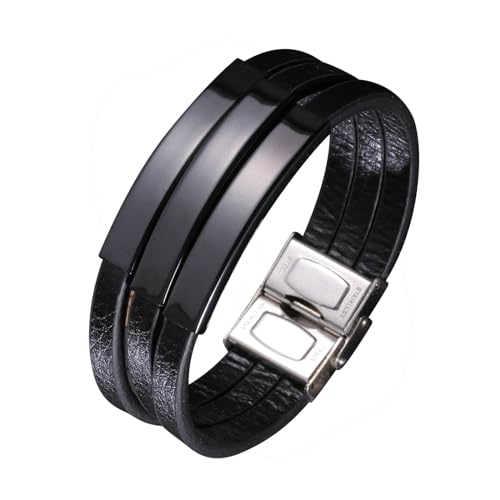 Bishilin Partner Lederarmband mit Gravur, Männer Armbänder Leder Schwarz 18MM 3-Layer mit Schilde Charms Armband Personalisiert 16.5CM von Bishilin