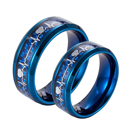 Bishilin Partner Ringe Edelstahl, Herzschlag Ringe Blau mit Kohlefaser Damen Gr.57 (18.1) + Herren Gr.57 (18.1) Verlobungsringe Paar Ring Set von Bishilin