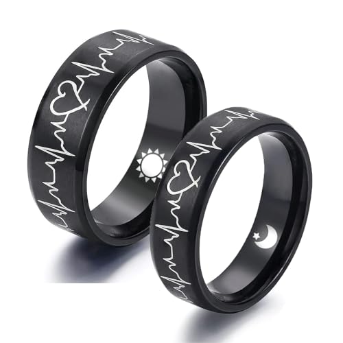 Bishilin Partner Verlobungsringe, Edelstahl Ringe Set Elektrokardiogramm mit Gravur Mond Sonne Paarringe für Sie und Ihn Damen Gr.52 (16.6)+Herren Gr.70 (22.3) von Bishilin