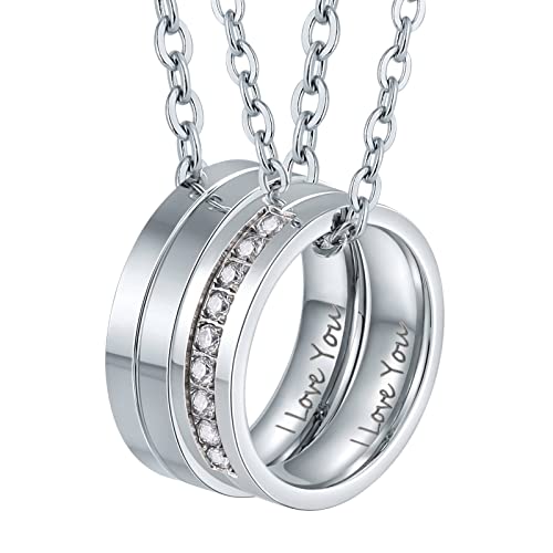 Bishilin Partnerketten Personalisiert Edelstahl, Halskette Paare mit Gravur I Love You, Charm Anhänger Ringe mit Kette 60CM 50CM Silber von Bishilin