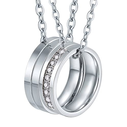Bishilin Partnerringe für Sie und Ihn, Partnerketten Personalisiert Edelstahl Paar Halskette mit Ring Anhänger, Rolokette 60CM 50CM von Bishilin