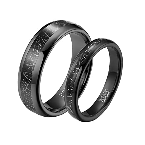 Bishilin Partnerringe Wolframcarbid, 4MM 6MM Schwarz Ringe mit Metall Linie Damen Gr.52 (16.6) + Herren Gr.62 (19.7), Verlobungsringe Paar Trauringe für 2 von Bishilin