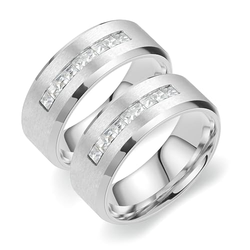 Bishilin Partnerringe für Sie und Ihn mit Gravur, 8MM Ringe Edelstahl Set Matt mit Zirkonia Trauringe Paar Ringe Verlobung Damen Gr.57 (18.1) & Herren Gr.63 (20.1) von Bishilin