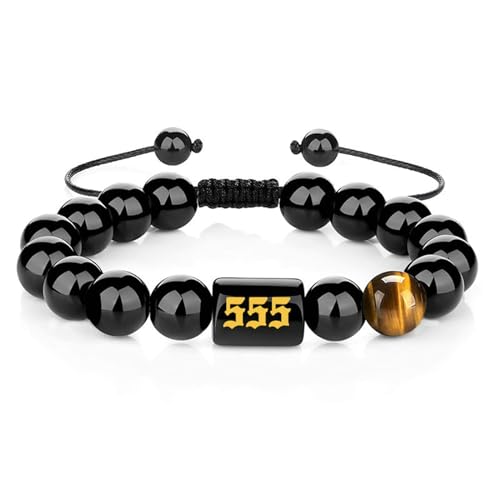 Bishilin Perlen Armbänder Herren, Chakra Armband Charm 10MM Schwarz Onyx mit Zahl 555 Armbänder Männer Personalisiert Verstellbar von Bishilin