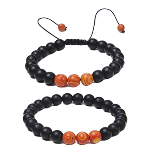 Bishilin Perlen Armband Paare, Perlenarmbänder Herren Damen 8MM Matt Perlen Schwarz mit Orange Malachit Charm Armband Chakra Personalisiert Verstellbar von Bishilin