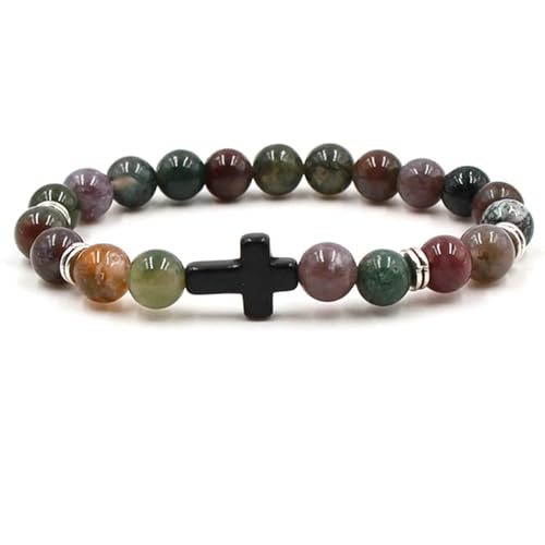 Bishilin Perlenarmband Herren Chakra, Charm Armbänder Perlen 8MM Indischer Achat mit Schwarz Kreuz Personalisiertes Armband Männer 19CM von Bishilin