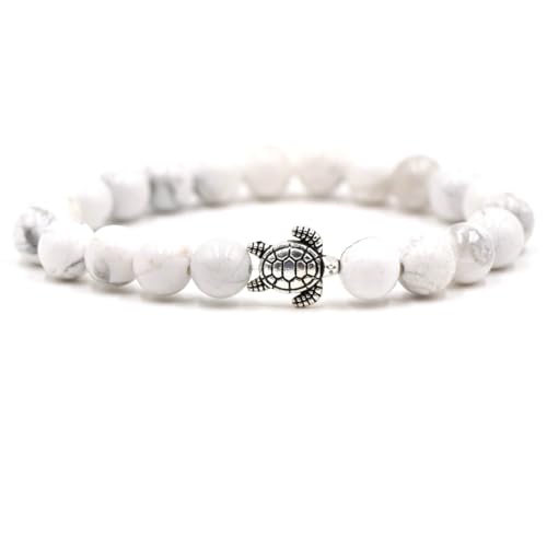 Bishilin Perlenarmband Herren Chakra, Charm Armbänder Perlen 8MM Weiß Türkis mit Schildkröte Personalisiertes Armband Männer 19CM von Bishilin