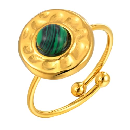 Bishilin Ring Damen Edelstahl Vergoldet Gold, Ringe Personalisiert Blume Solitär mit Malachit Offen Eheringe Hochzeit Ring Nickelfrei Verstellbar von Bishilin