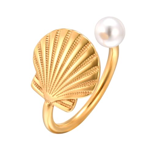 Bishilin Ring Damen Edelstahl Vergoldet Gold, Ringe Personalisiert Muschel mit Perle Eheringe Hochzeit Ring Nickelfrei Gr.57 (18.1) von Bishilin