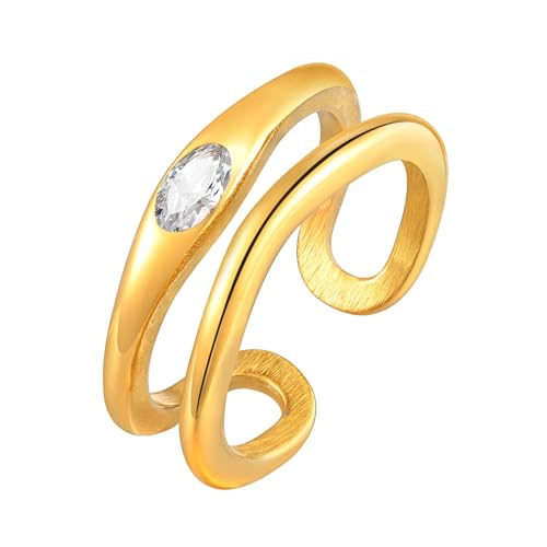 Bishilin Ring Damen Edelstahl Vergoldet Gold, Ringe Personalisiert Offen mit Zirkonia Eheringe Hochzeit Ring Nickelfrei Gr.57 (18.1) von Bishilin