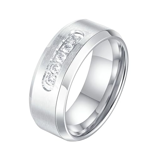 Bishilin Ring Herren Personalisiert, Ringe Edelstahl 8MM Matt mit Zirkonia Bandring Partnerringe Gothic Ring Nickelfrei Silber Größe 60 (19.1) von Bishilin
