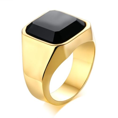 Bishilin Ring Herren Personalisiert, Ringe Edelstahl Breit 17MM mit Schwarzem Achat Sieglring Partnerringe Gothic Ring Nickelfrei Gold Gr.60 (19.1) von Bishilin