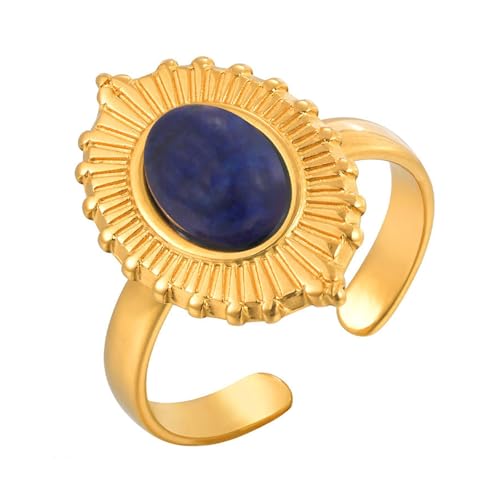 Bishilin Ringe Damen Edelstahl Vergoldet, Ring Personalisiert Blume mit Oval Lapislazuli Offen Frauen Ringe Verlobung und Hochzeit Gold Einstellbar von Bishilin