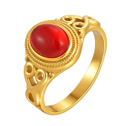Bishilin Ringe Damen Edelstahl Vergoldet, Ring Personalisiert Filigran mit Rot Katzenaugenstein Frauen Ringe Verlobung und Hochzeit Gold Gr.57 (18.1) von Bishilin