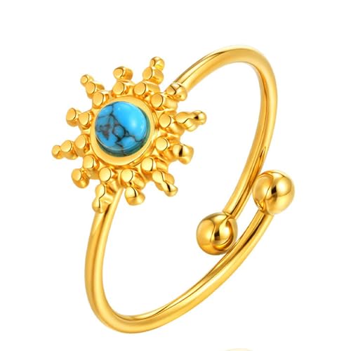 Bishilin Ringe Damen Edelstahl Vergoldet, Ring Personalisiert Sonnenblume mit Türkis Offen Frauen Ringe Verlobung und Hochzeit Gold Verstellbar von Bishilin