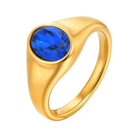 Bishilin Ringe Damen Edelstahl Vergoldet, Ring Personalisiert mit Blau Zirkonia Siegelring Frauen Ringe Verlobung und Hochzeit Gold Gr.52 (16.6) von Bishilin